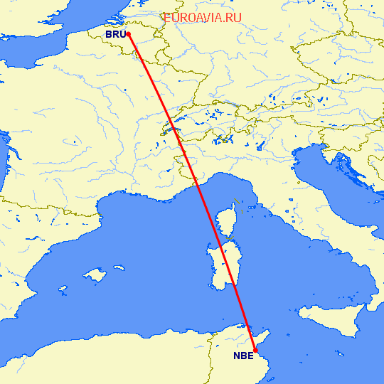 перелет Брюссель — Zine El Abidine Ben Ali на карте