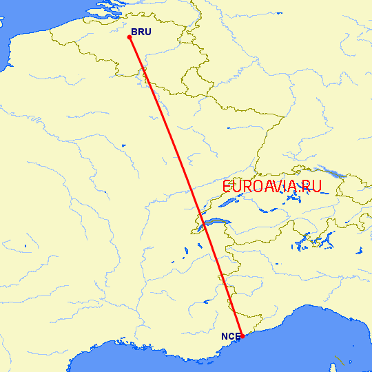 перелет Брюссель — Ницца на карте