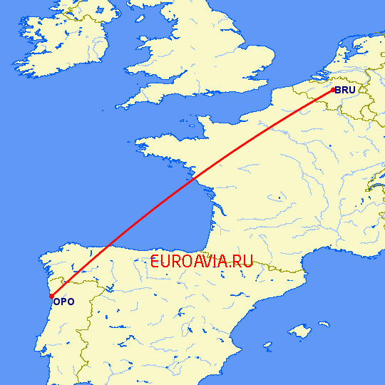 перелет Брюссель — Порту на карте