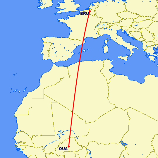 перелет Брюссель — Уагадугу на карте