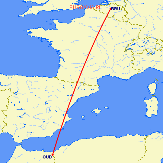 перелет Брюссель — Уджда на карте