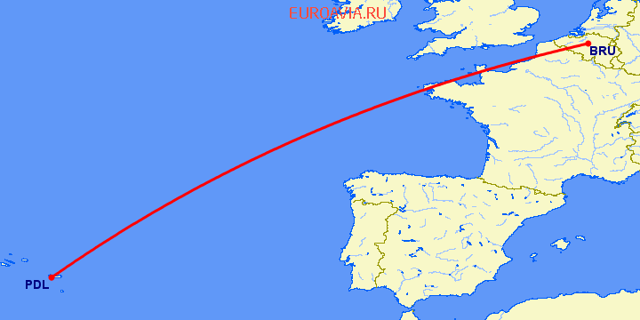 перелет Брюссель — Ponta Delgada на карте