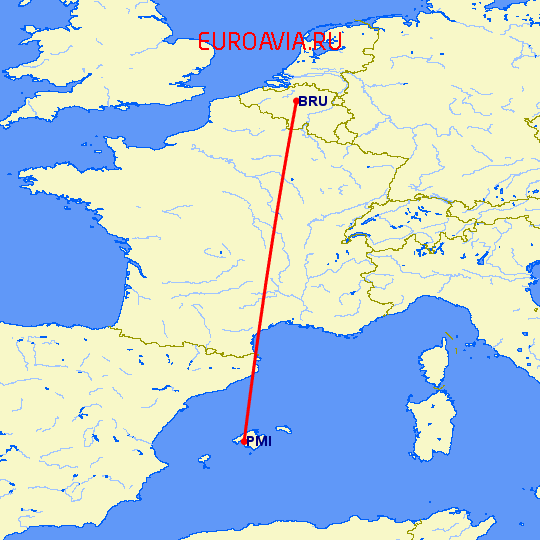 перелет Брюссель — Пальма де Майорка на карте