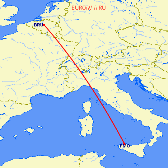 перелет Брюссель — Палермо на карте
