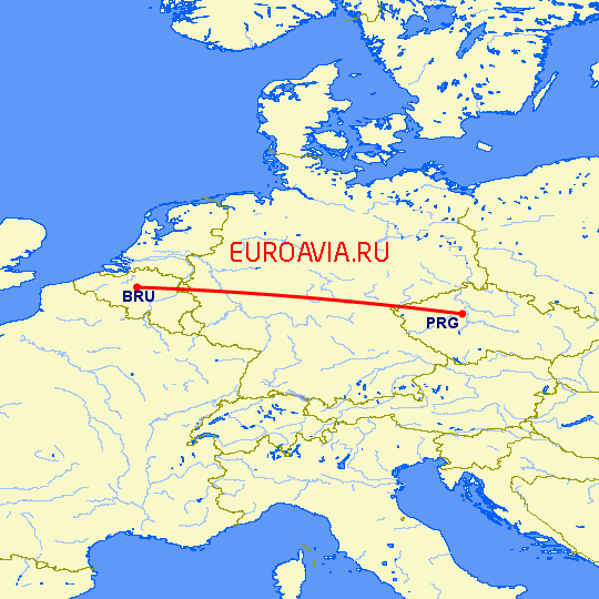 перелет Брюссель — Прага на карте