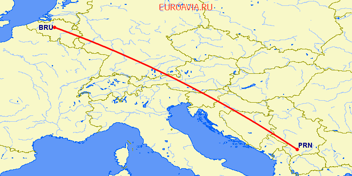 перелет Брюссель — Приштина на карте