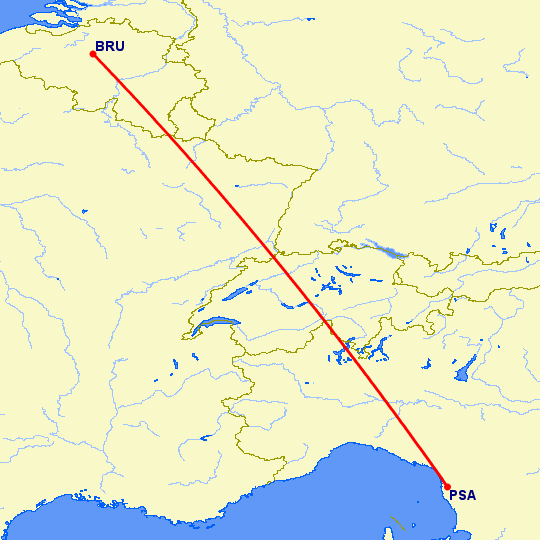 перелет Брюссель — Пиза на карте