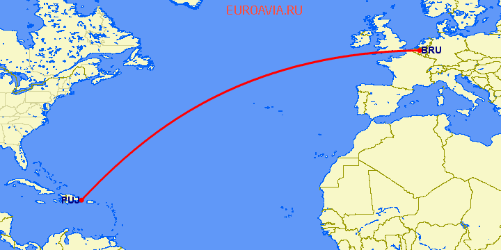 перелет Брюссель — Пунта Кана на карте