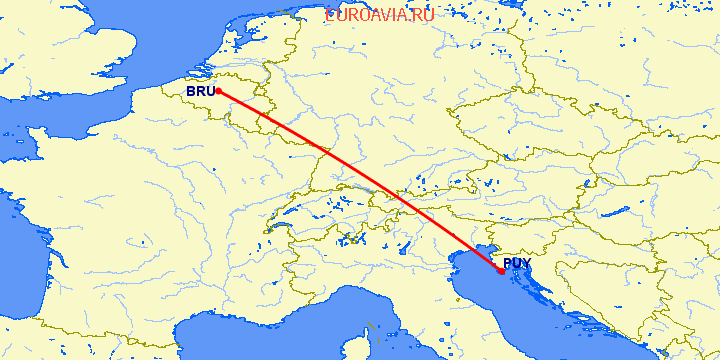 перелет Брюссель — Пула на карте