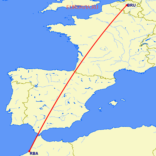 перелет Брюссель — Рабат на карте