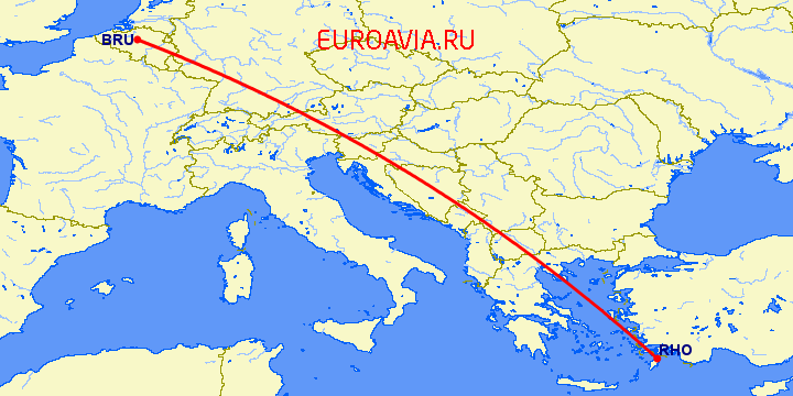 перелет Брюссель — Родос на карте