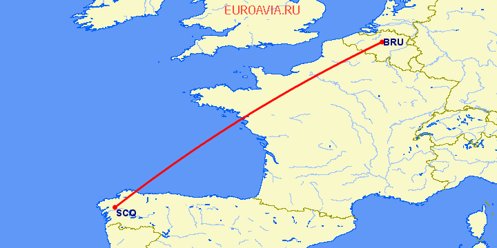 перелет Брюссель — Сантьяго де Компостела на карте