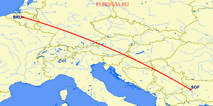 перелет Брюссель — София на карте