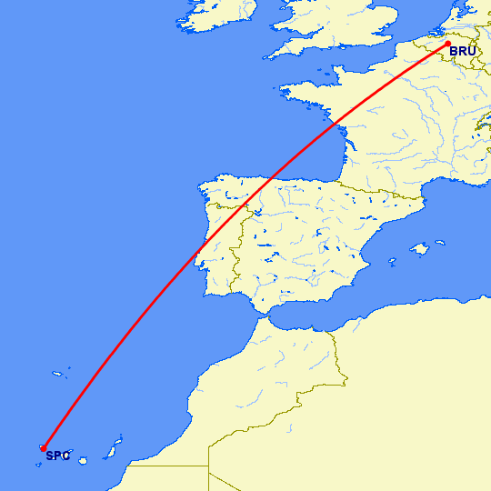 перелет Брюссель — Санта Крус де Ла Пальма на карте