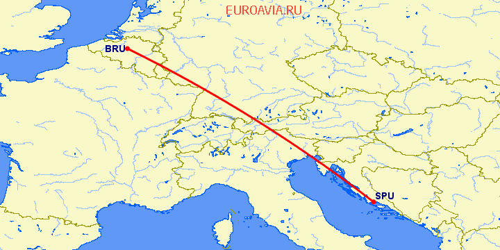 перелет Брюссель — Сплит на карте