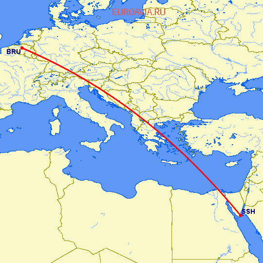 перелет Брюссель — Шарм эль Шейх на карте