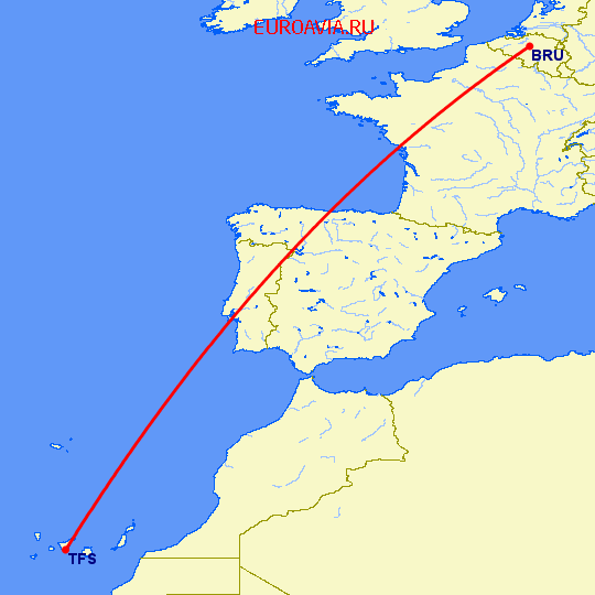 перелет Брюссель — Тенерифе на карте