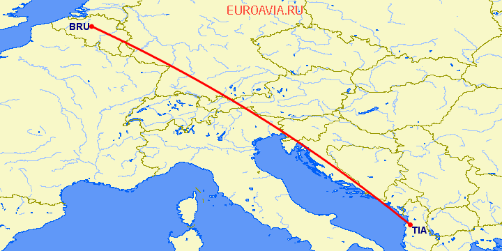 перелет Брюссель — Тирана на карте