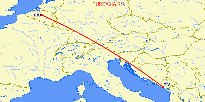 перелет Брюссель — Тиват на карте
