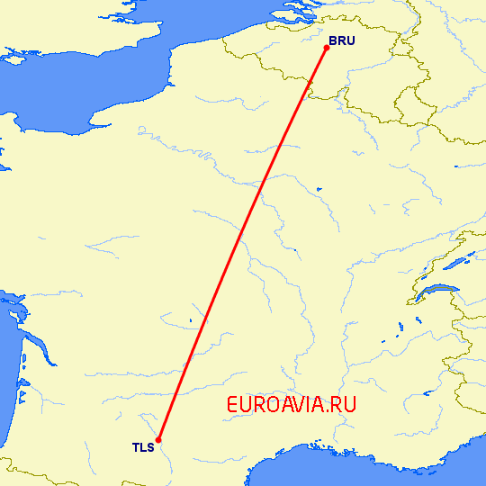 перелет Брюссель — Тулуза на карте