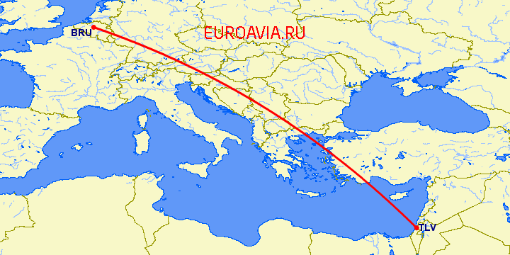 перелет Брюссель — Тель Авив на карте