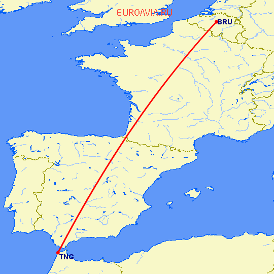 перелет Брюссель — Танжер на карте