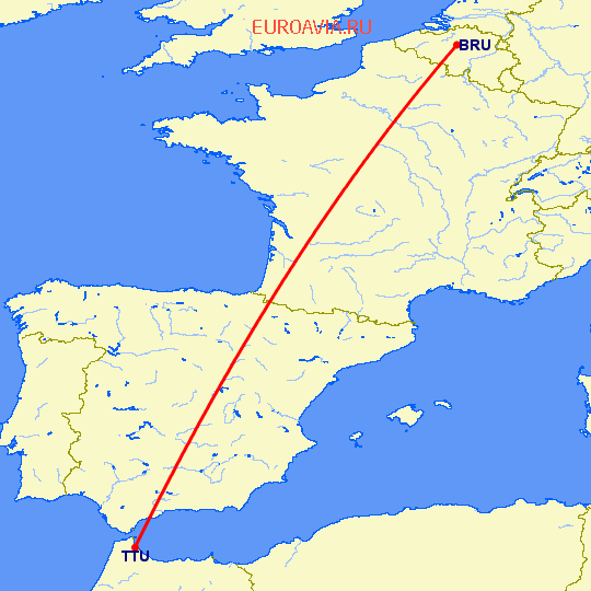 перелет Брюссель — Tetuan на карте