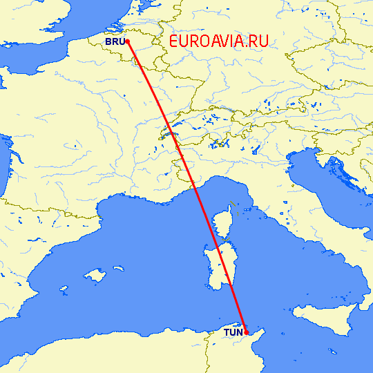 перелет Брюссель — Тунис на карте