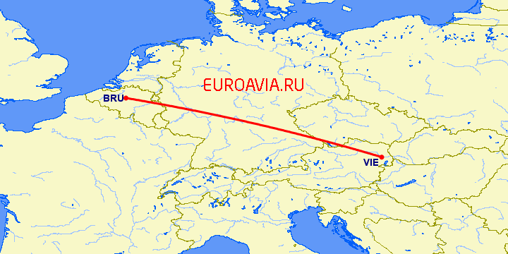 перелет Брюссель — Вена на карте