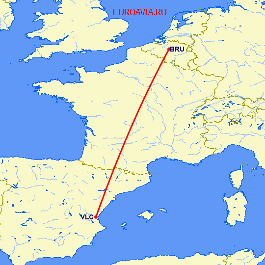перелет Брюссель — Валенсия на карте