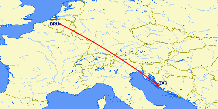 перелет Брюссель — Задар на карте