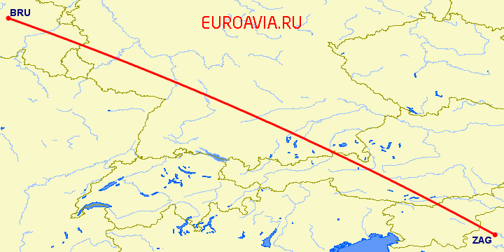 перелет Брюссель — Загреб на карте