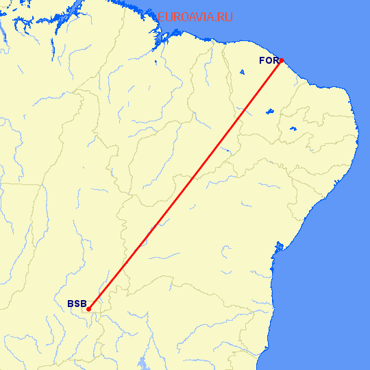 перелет Бразилия — Форталеса на карте