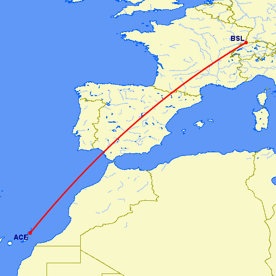 перелет Базель-Мюлуз — Арресифе на карте