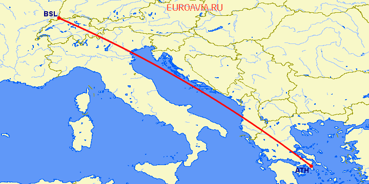 перелет Базель-Мюлуз — Афины на карте