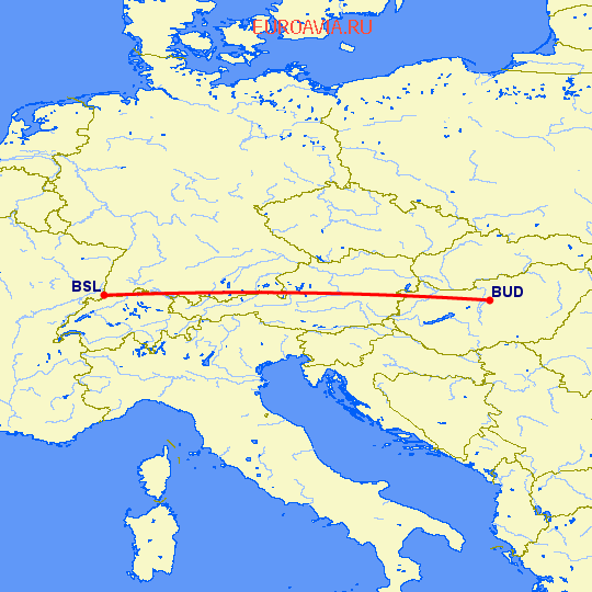 перелет Базель-Мюлуз — Будапешт на карте
