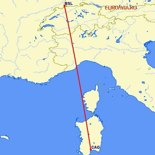 перелет Базель-Мюлуз — Кальяри на карте