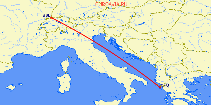 перелет Базель-Мюлуз — Керкира на карте