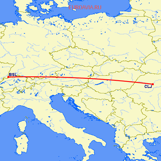 перелет Базель-Мюлуз — Клуж Напока на карте