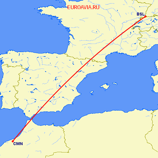 перелет Базель-Мюлуз — Касабланка на карте