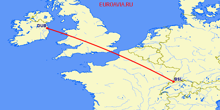 перелет Базель-Мюлуз — Дублин на карте