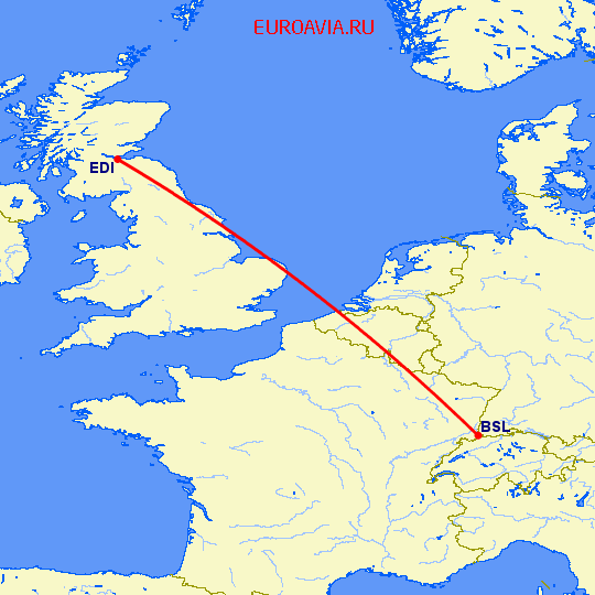 перелет Базель-Мюлуз — Эдинбург на карте