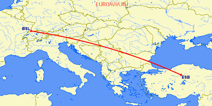 перелет Базель-Мюлуз — Анкара на карте