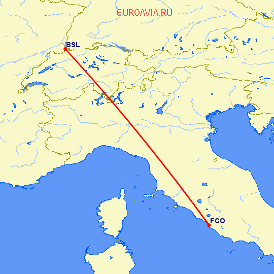 перелет Базель-Мюлуз — Рим на карте