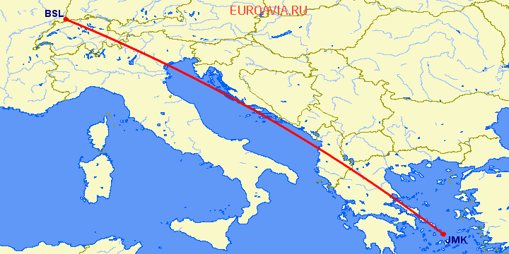 перелет Базель-Мюлуз — Миконос на карте