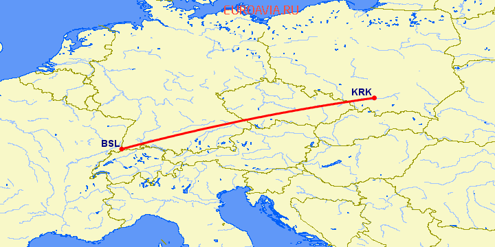 перелет Базель-Мюлуз — Краков на карте