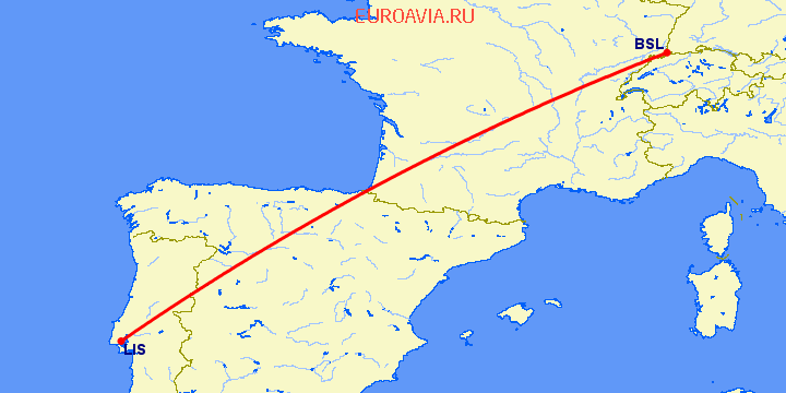 перелет Базель-Мюлуз — Лиссабон на карте