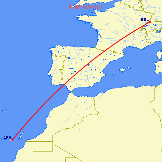 перелет Базель-Мюлуз — Лас Пальмас на карте