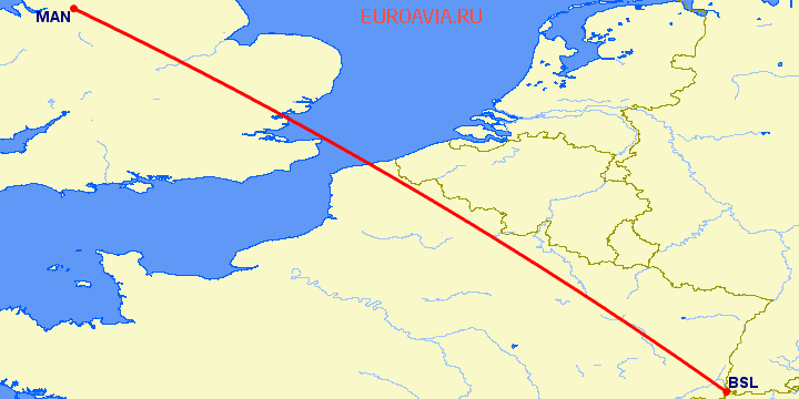перелет Базель-Мюлуз — Манчестер на карте