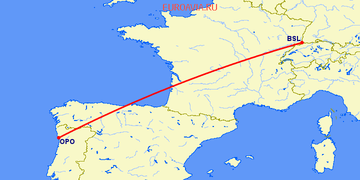 перелет Базель-Мюлуз — Порту на карте